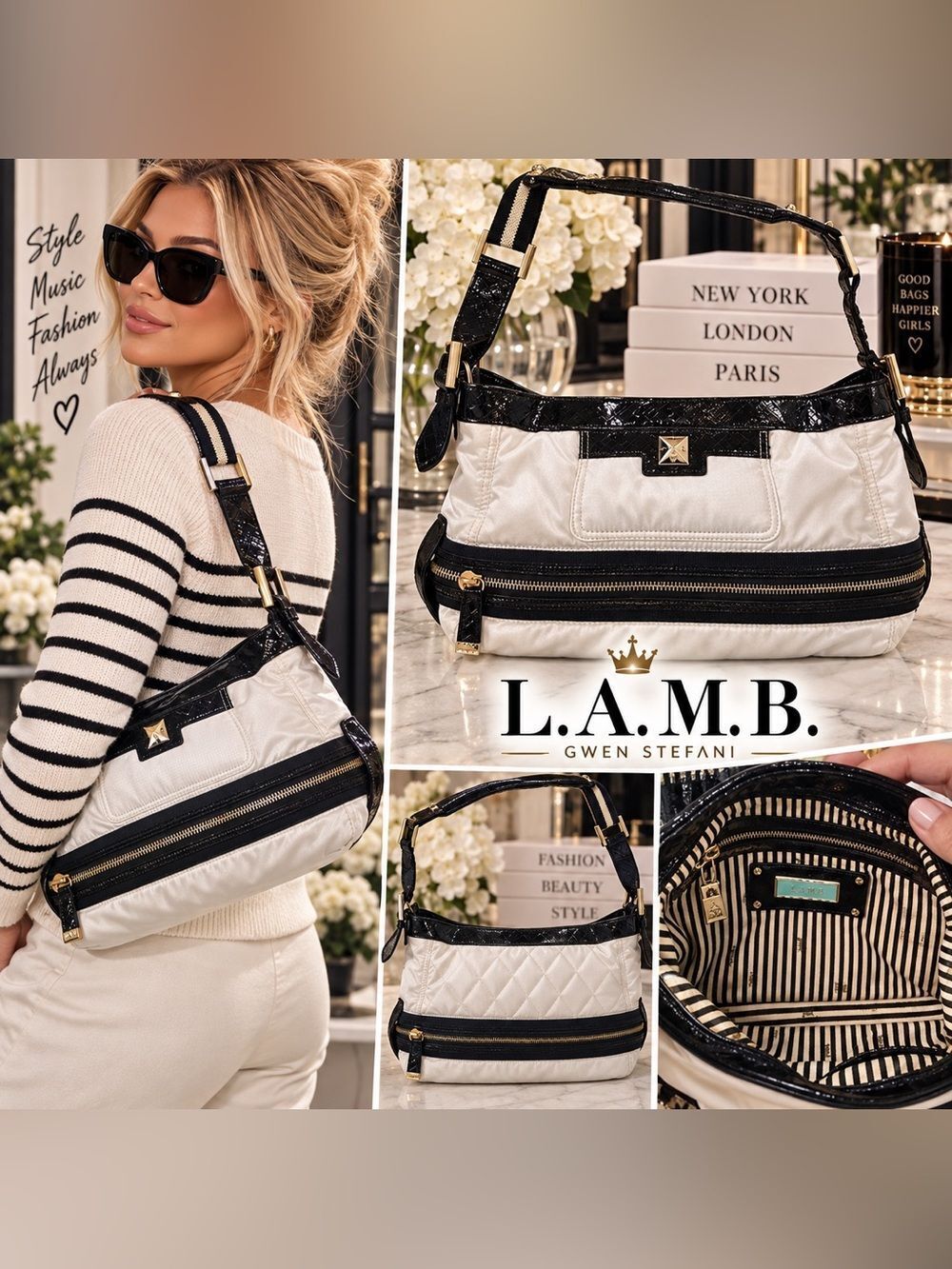 L.A.M.B. Gwen Stefani Stylish Black and White Nylon and Patent Shoulder Bag